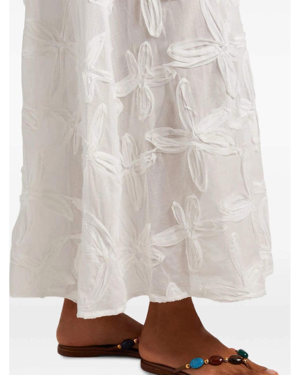 Farm Rio White Floral-Appliqué Long Skirt