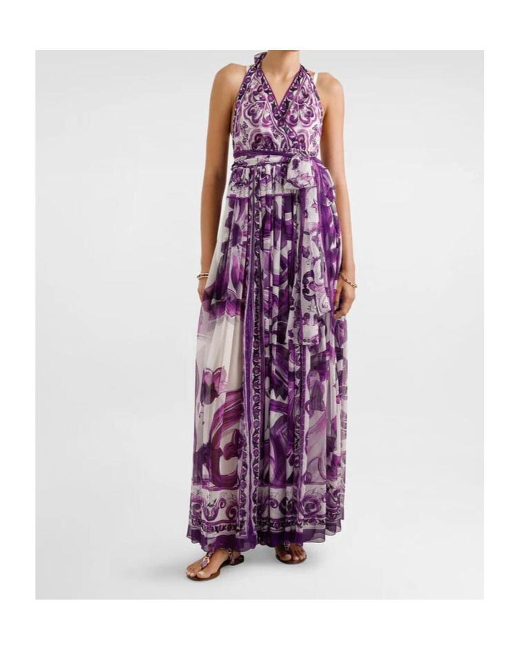 Dolce & Gabbana Purple Majolica Printed Long Chiffon Dress