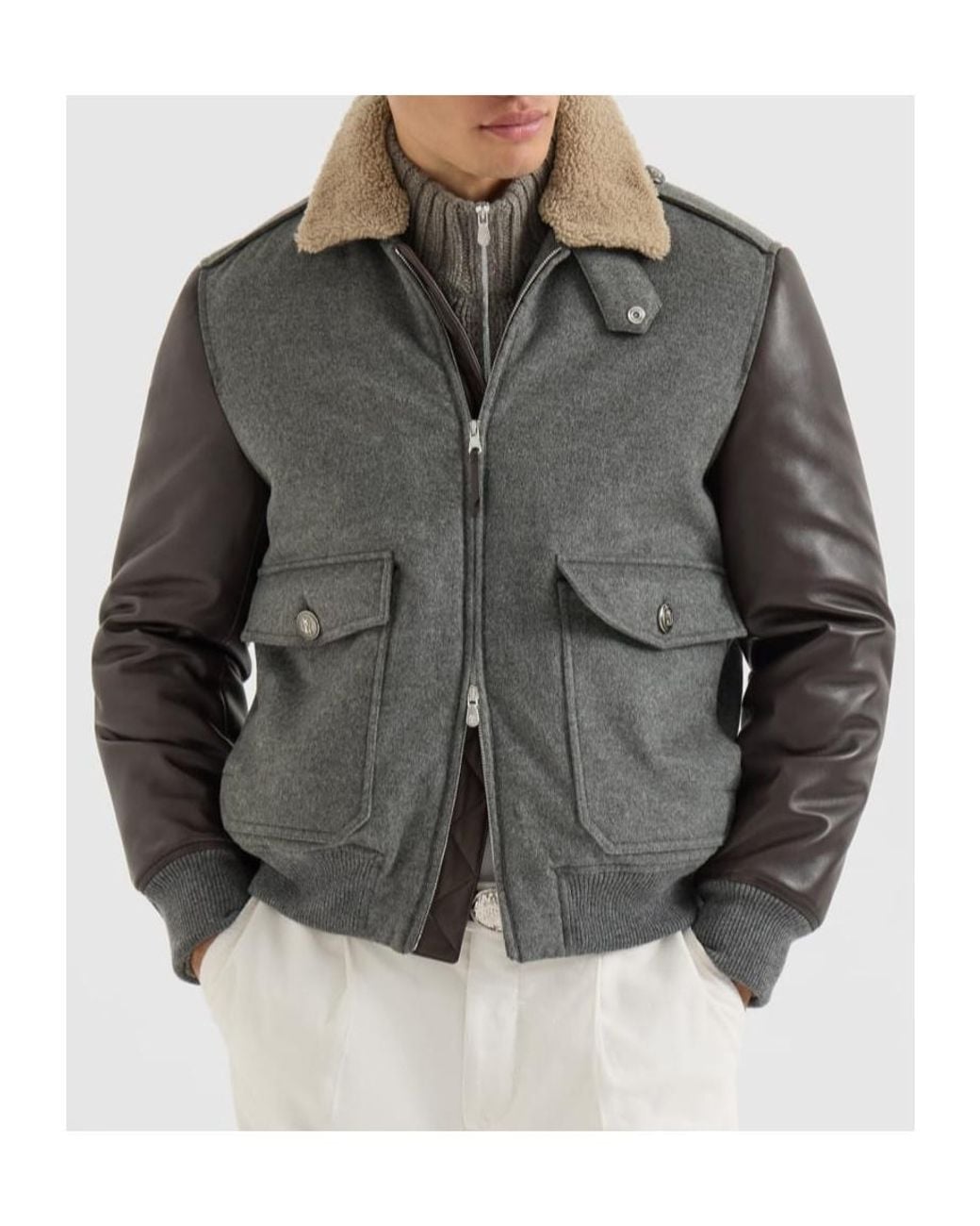 Brunello Cucinelli Gray Bonded Cashmere Beaver Cloth And Nappa Leather Bomber Jacket With Thermore Padding And Detachable Shearling Collar for men