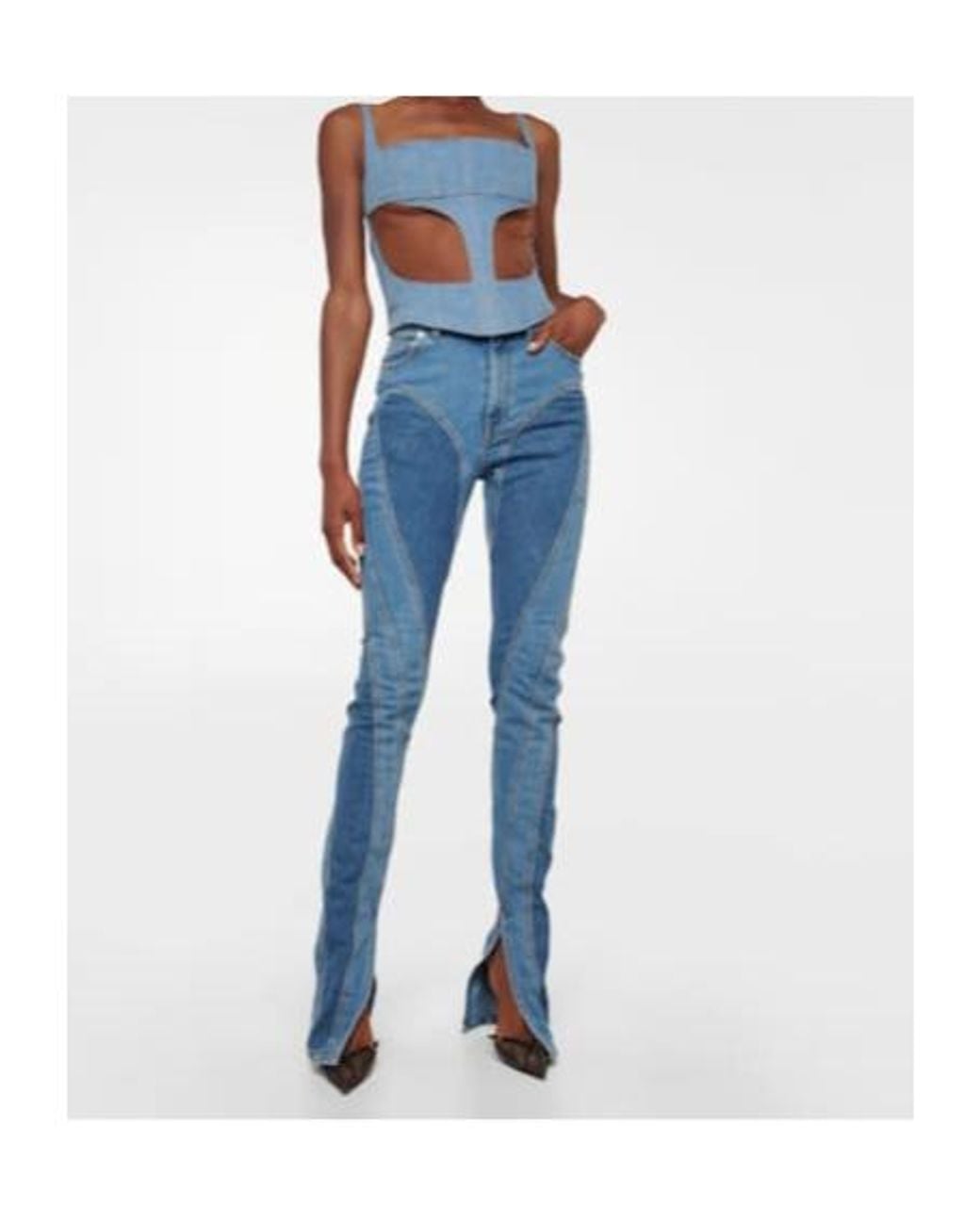 Mugglor Mugler Denim And Mesh Corset Top in Blue | Lyst
