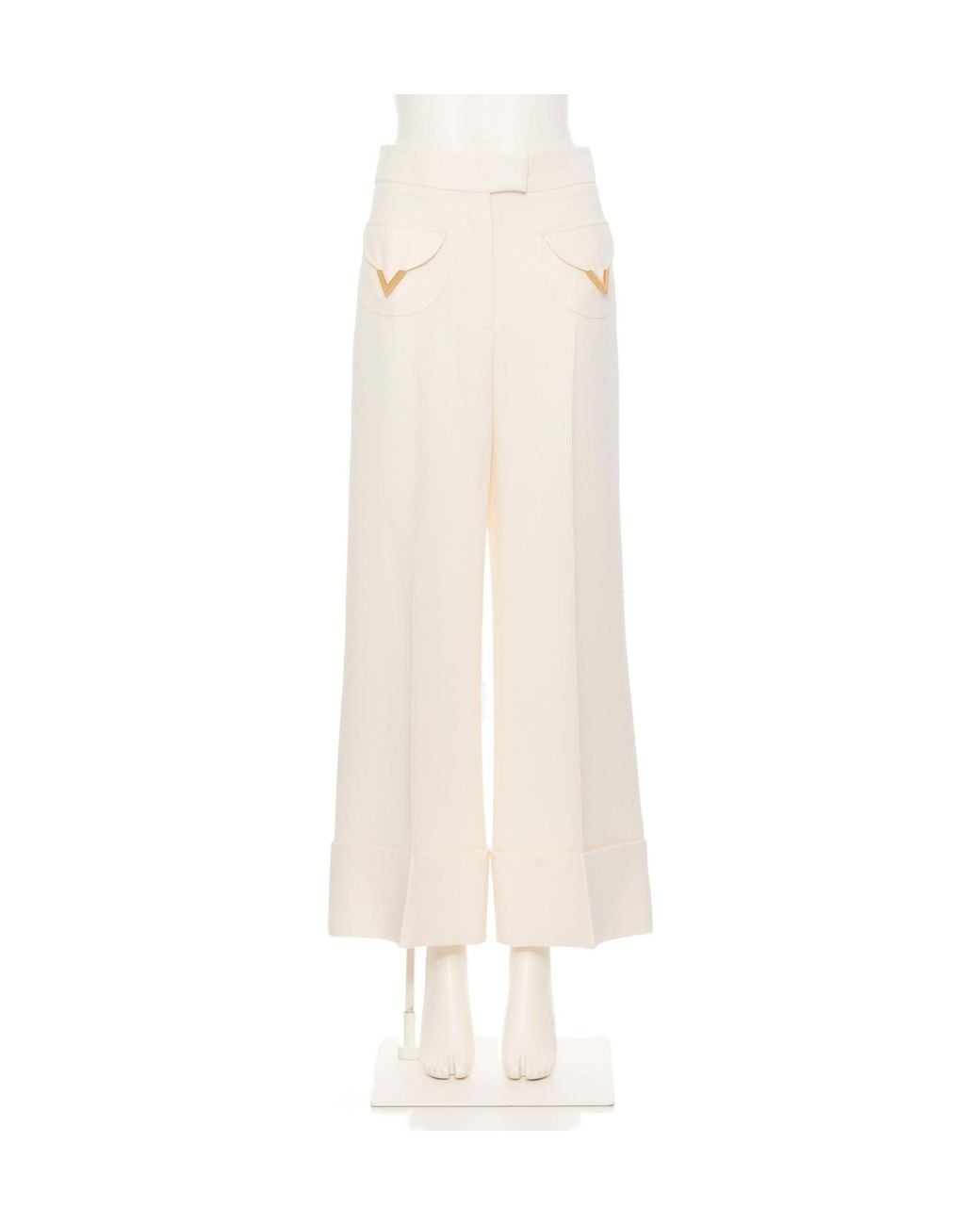 Valentino White Logo Plaque Wide Leg Pants