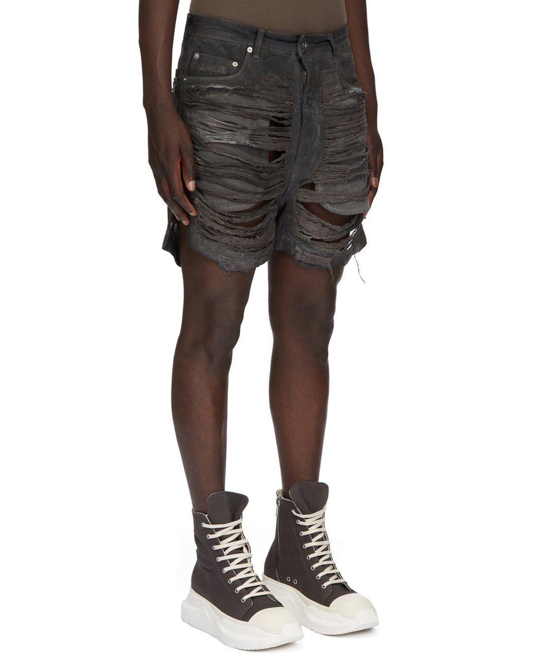 Rick Owens Black Geth Cut-Off Distressed Shorts for men
