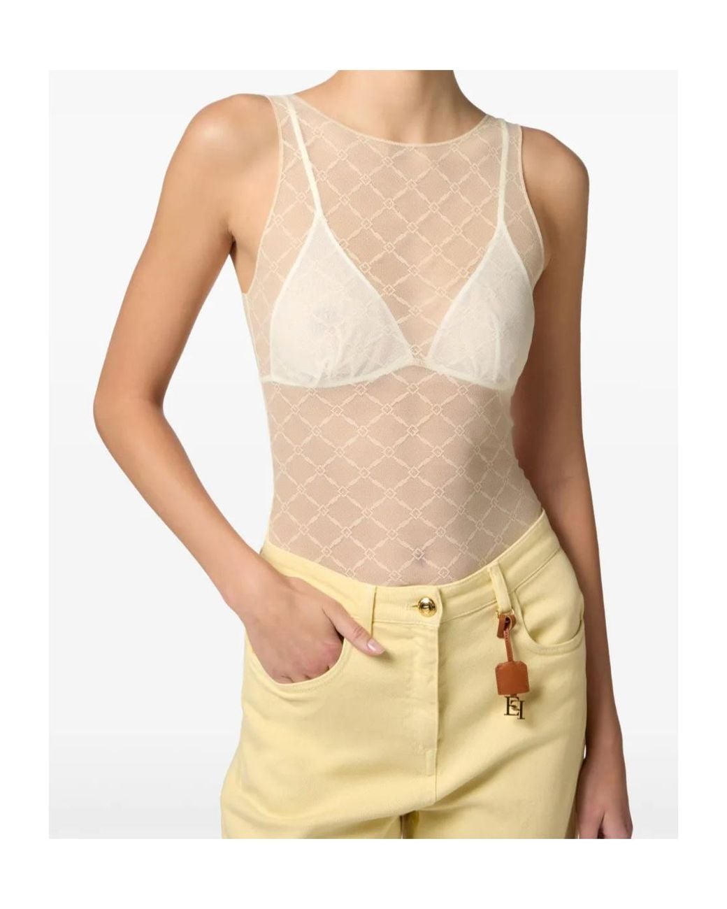 Elisabetta Franchi Natural Crewneck Sheer Bodysuit