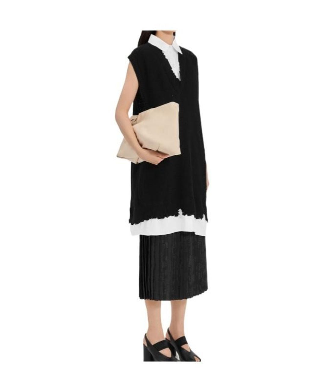 MM6 by Maison Margiela Black Frayed V-Neck Knitted Dress