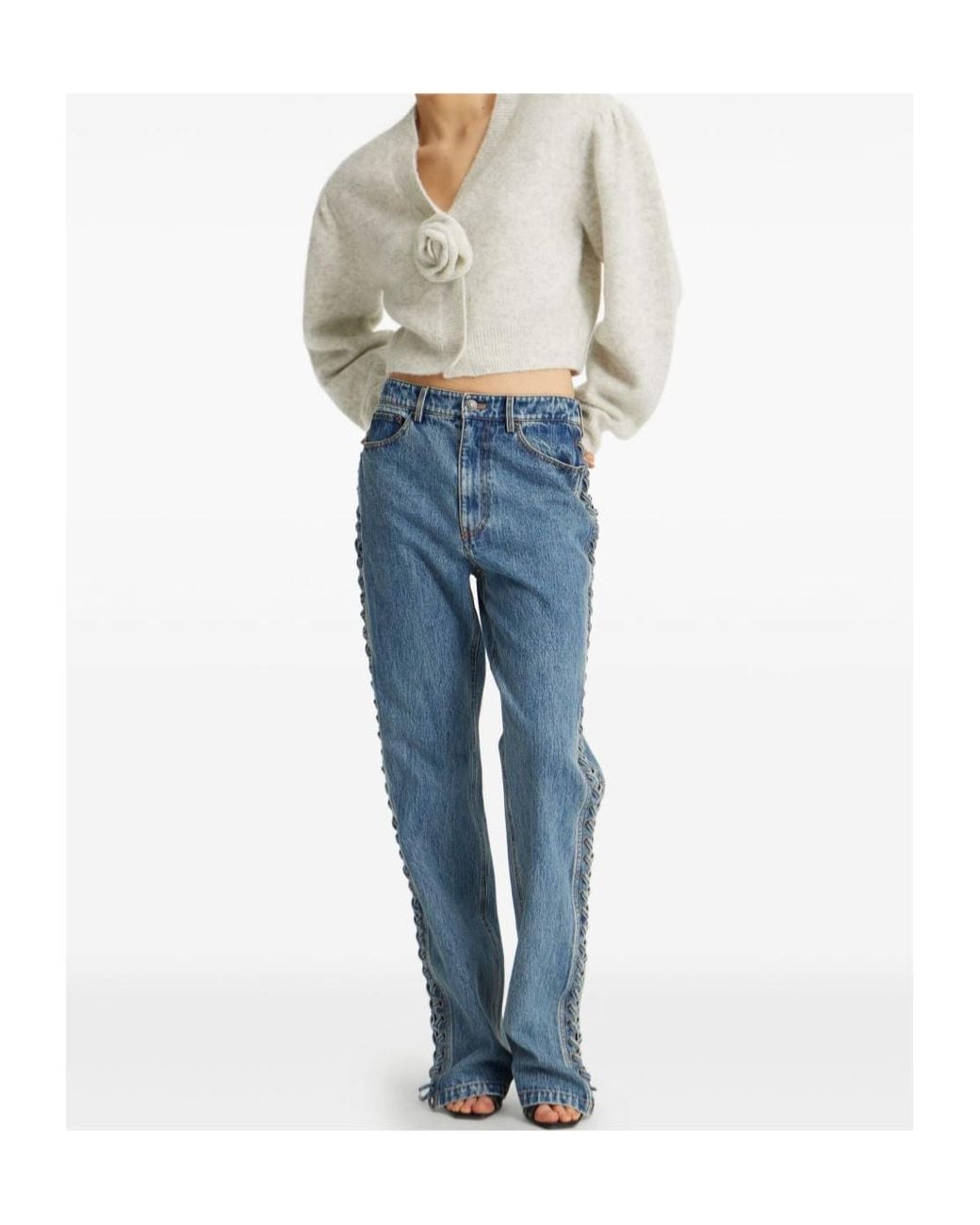 ROTATE BIRGER CHRISTENSEN Gray Puff-Sleeve Rose-Embellished Cardigan