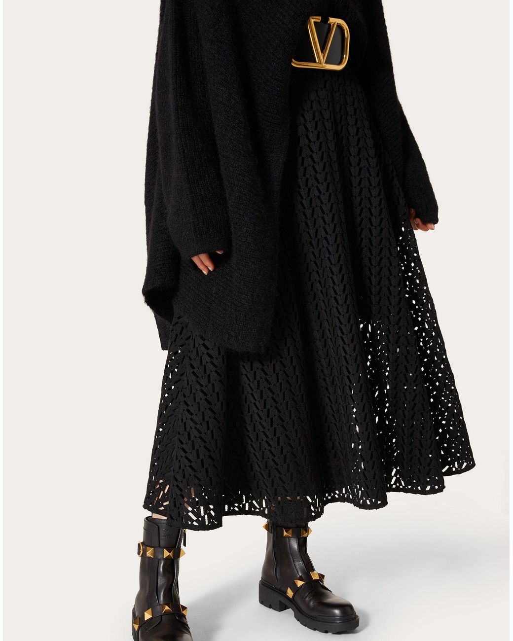 Valentino Black Optical V-Logo Cut-Out A-Line Midi Skirt