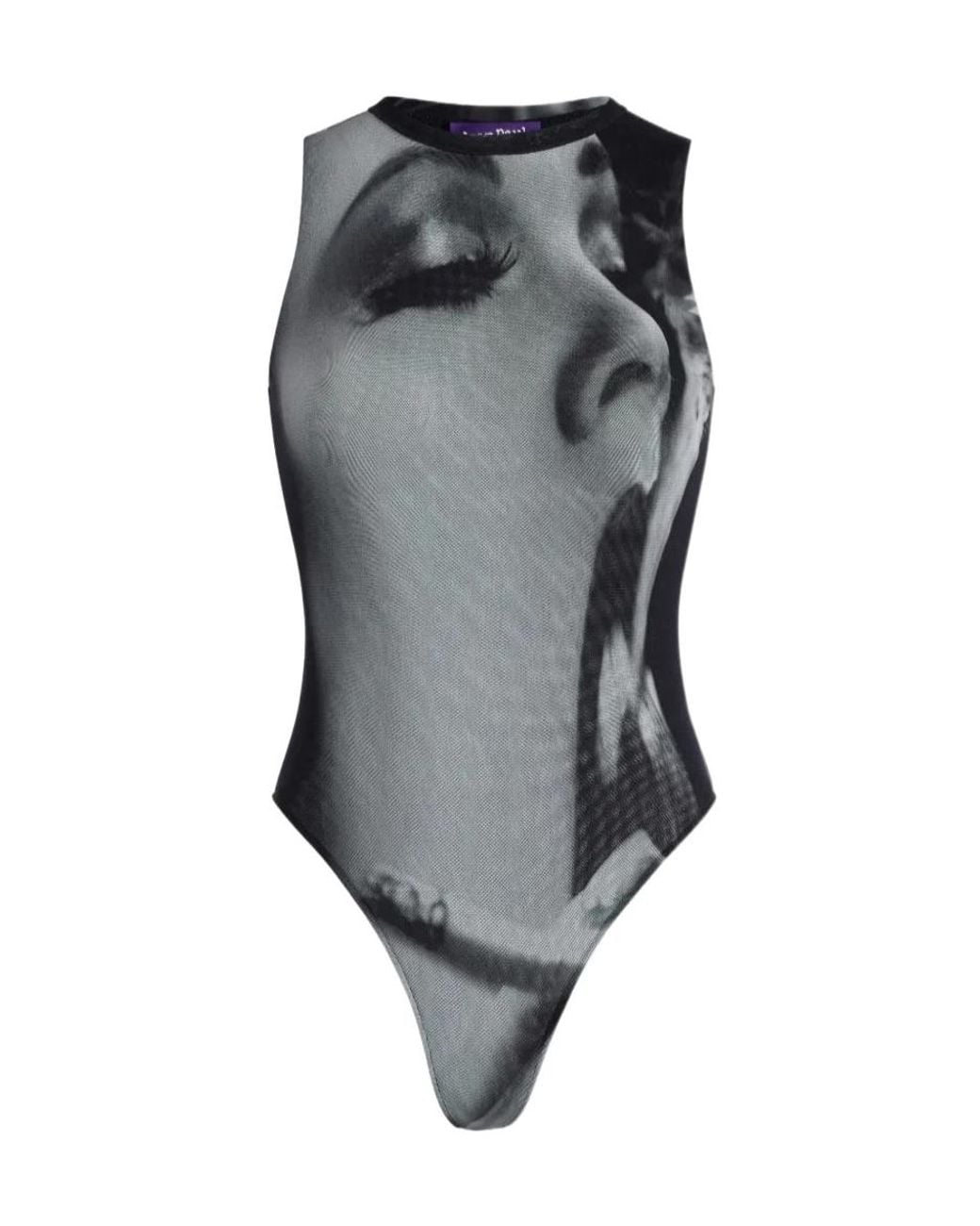 Jean Paul Gaultier Gray Smoking Printed Mesh Bodysuit