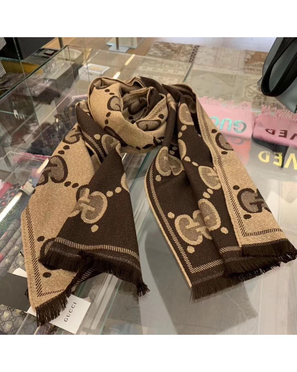 Gucci Brown Gg Jacquard Scarf