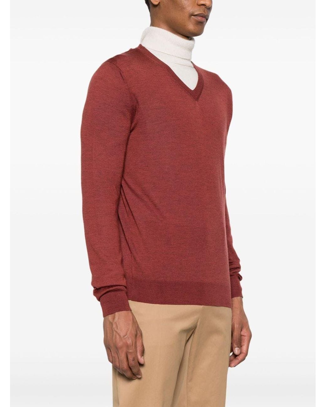 Colombo Red Fine-Knit V-Neck Jumper for men