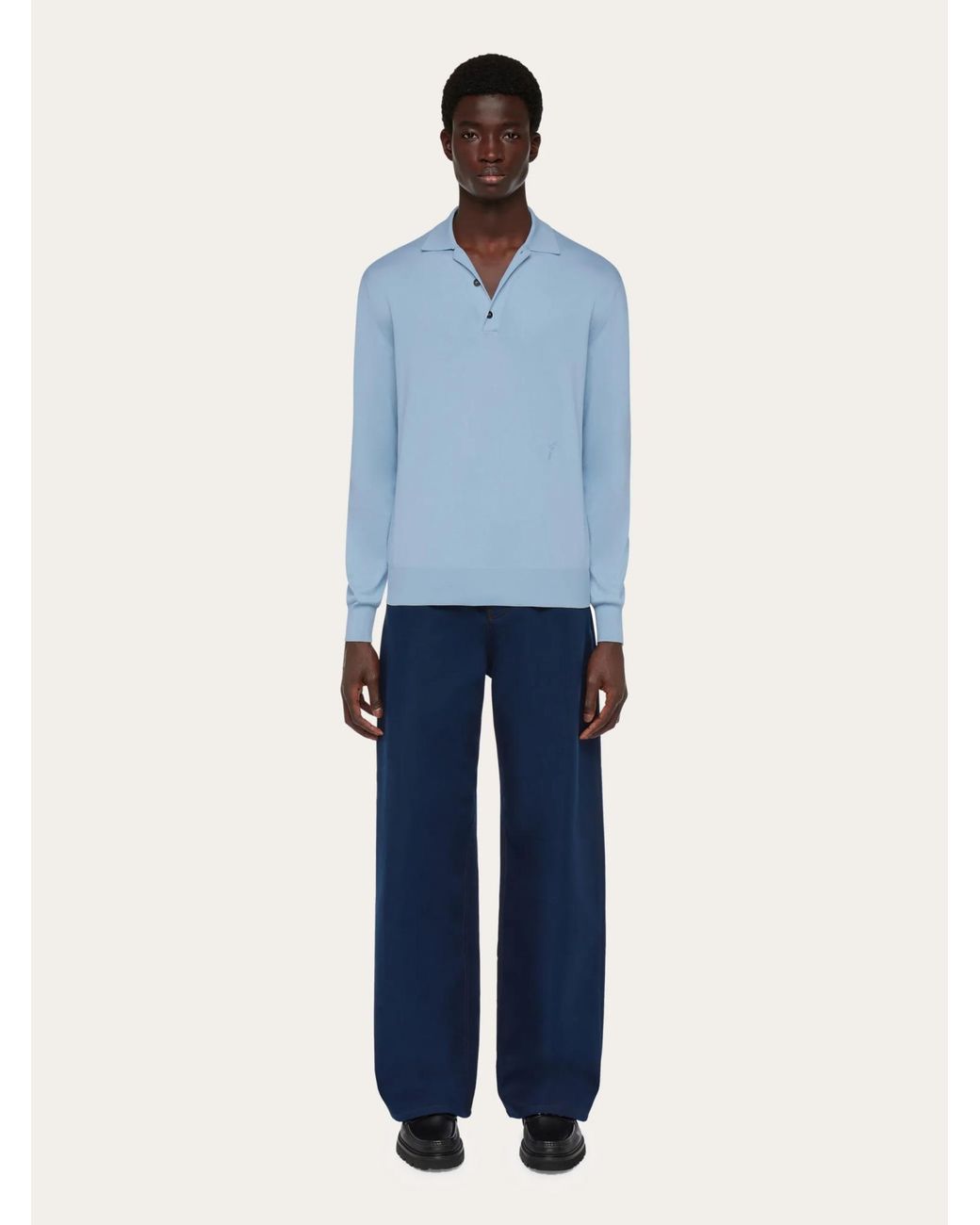 Ferragamo Blue Ferragamo Logo-Embroidered Long-Sleeved Knitted Polo Shirt for men