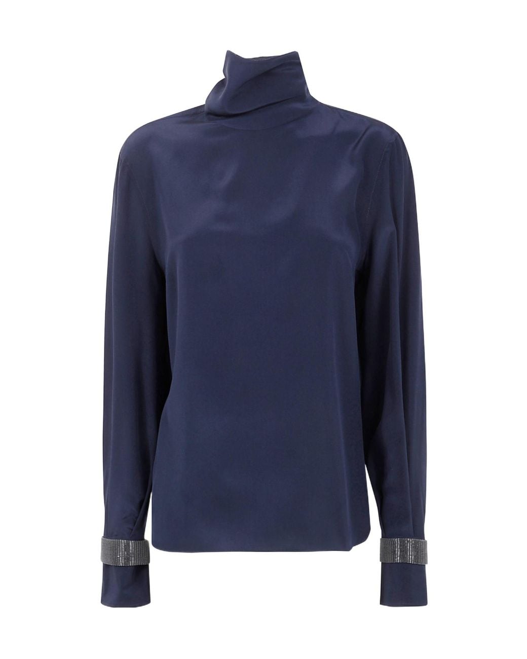 Brunello Cucinelli Blue Turtleneck Long-Sleeve Blouse