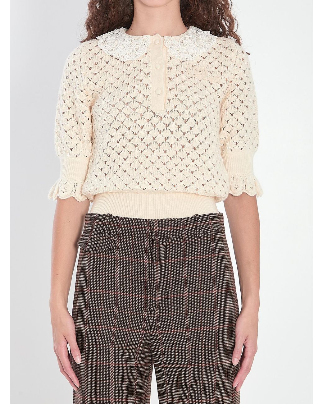 Chloé White Chloé Lace Trimmed Knitted Polo Shirt