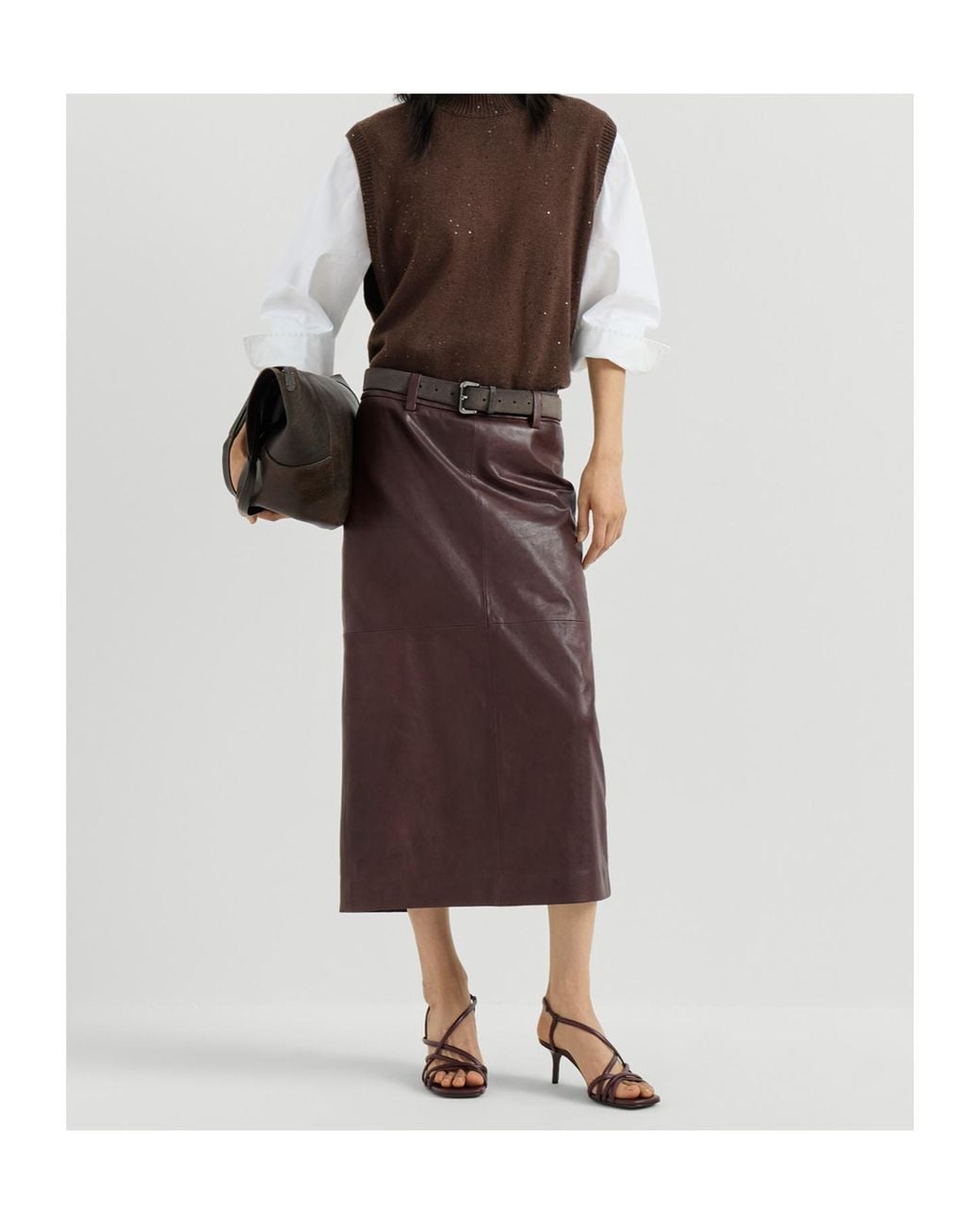 Brunello Cucinelli Brown Polished Nappa Leather Pencil Skirt