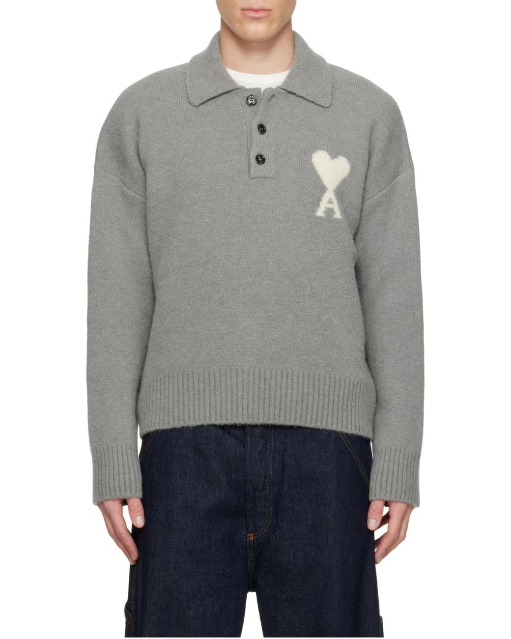 AMI Gray Ami De Coeur Intarsia Polo-Shirt for men