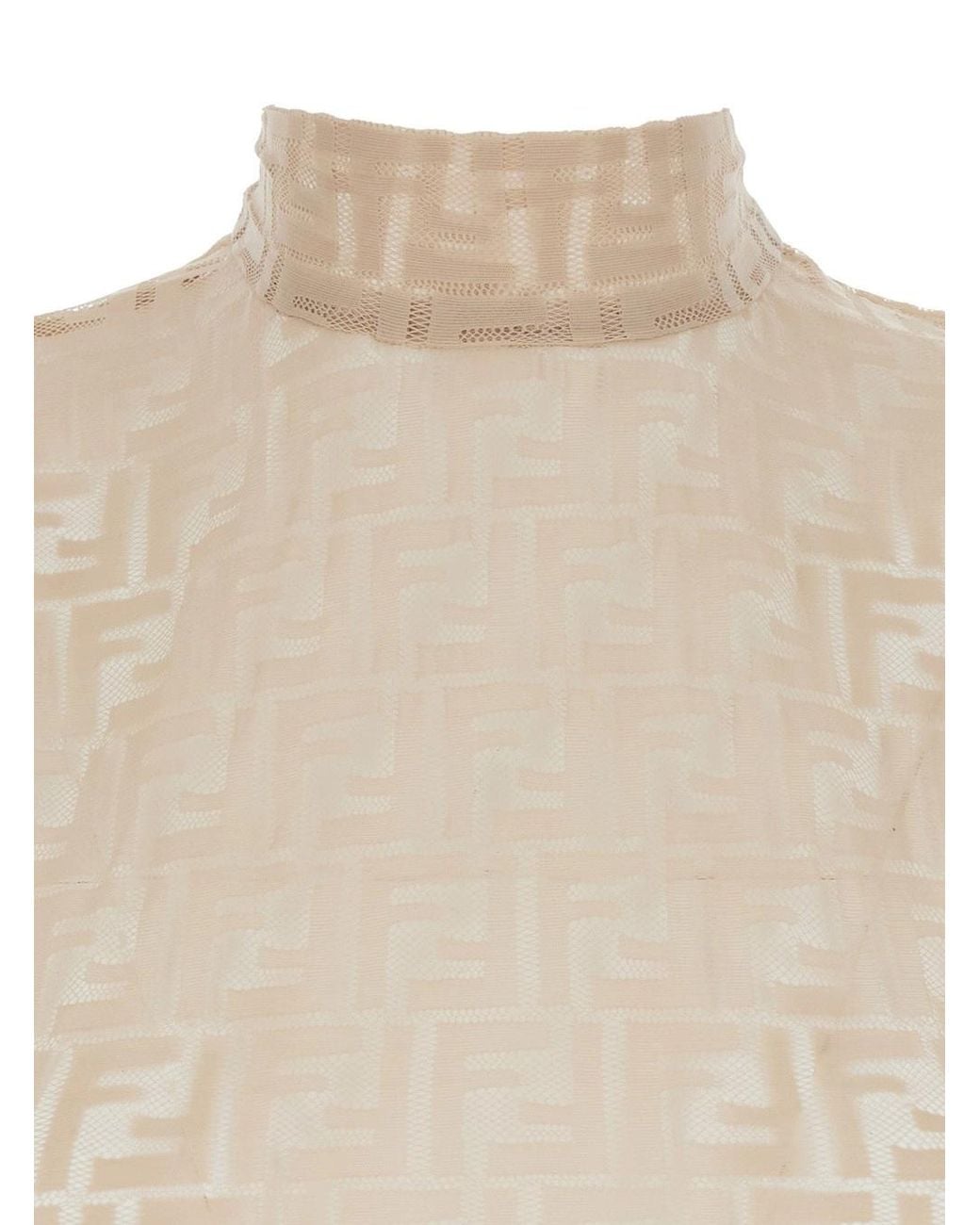 Fendi Natural Crewneck Sleeveless Top With All-Over Ff Motif And Rear Zip Closure