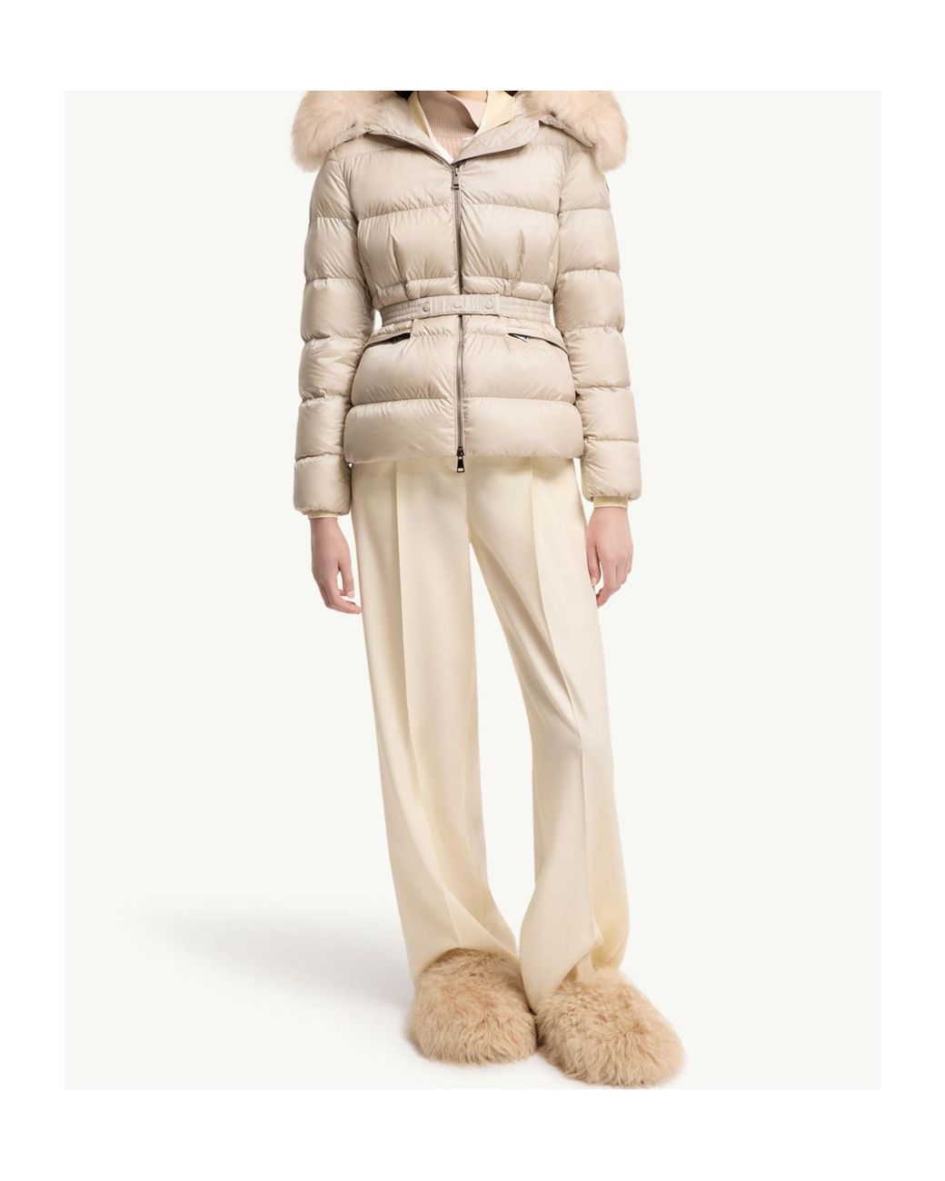 Moncler Natural Boed Hooded Shearling-Trimmed Short Down Jacket