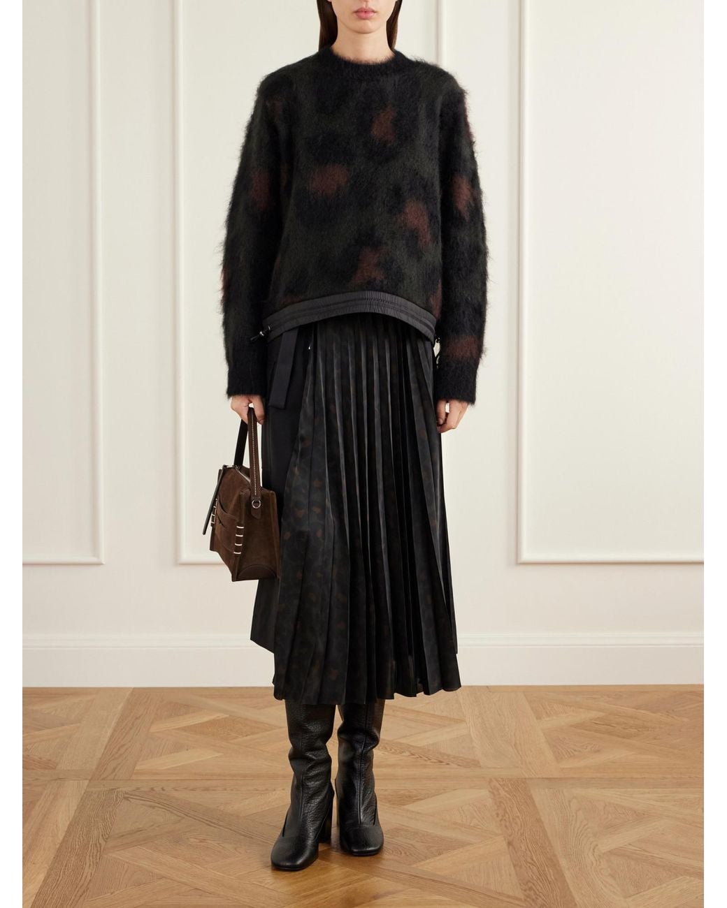 Sacai Black Leopard-Print Mohair-Blend Sweater