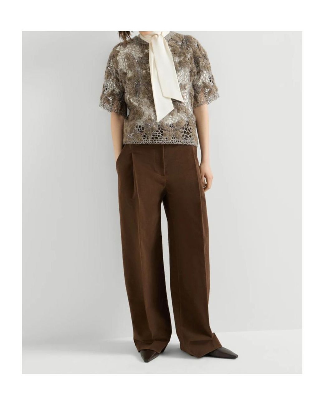 Brunello Cucinelli Brown Stretch Cotton Moleskin Loose Sartorial Trousers With Monili