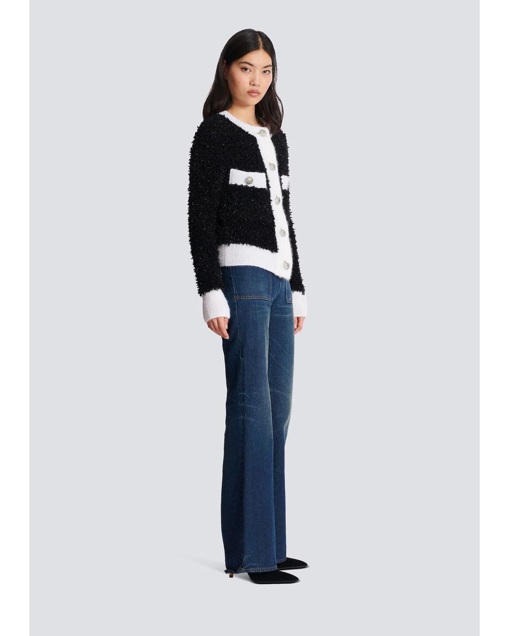 Balmain Black Glitter Detailed Contrasted Trim Cardigan