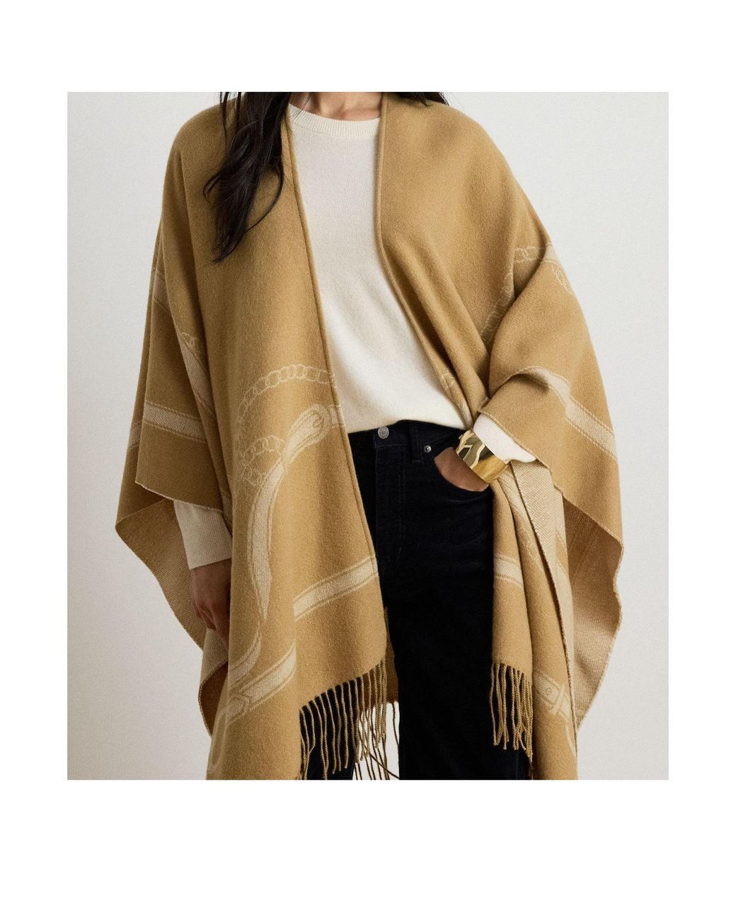 Ralph Lauren Brown Open-Front Fringed Poncho