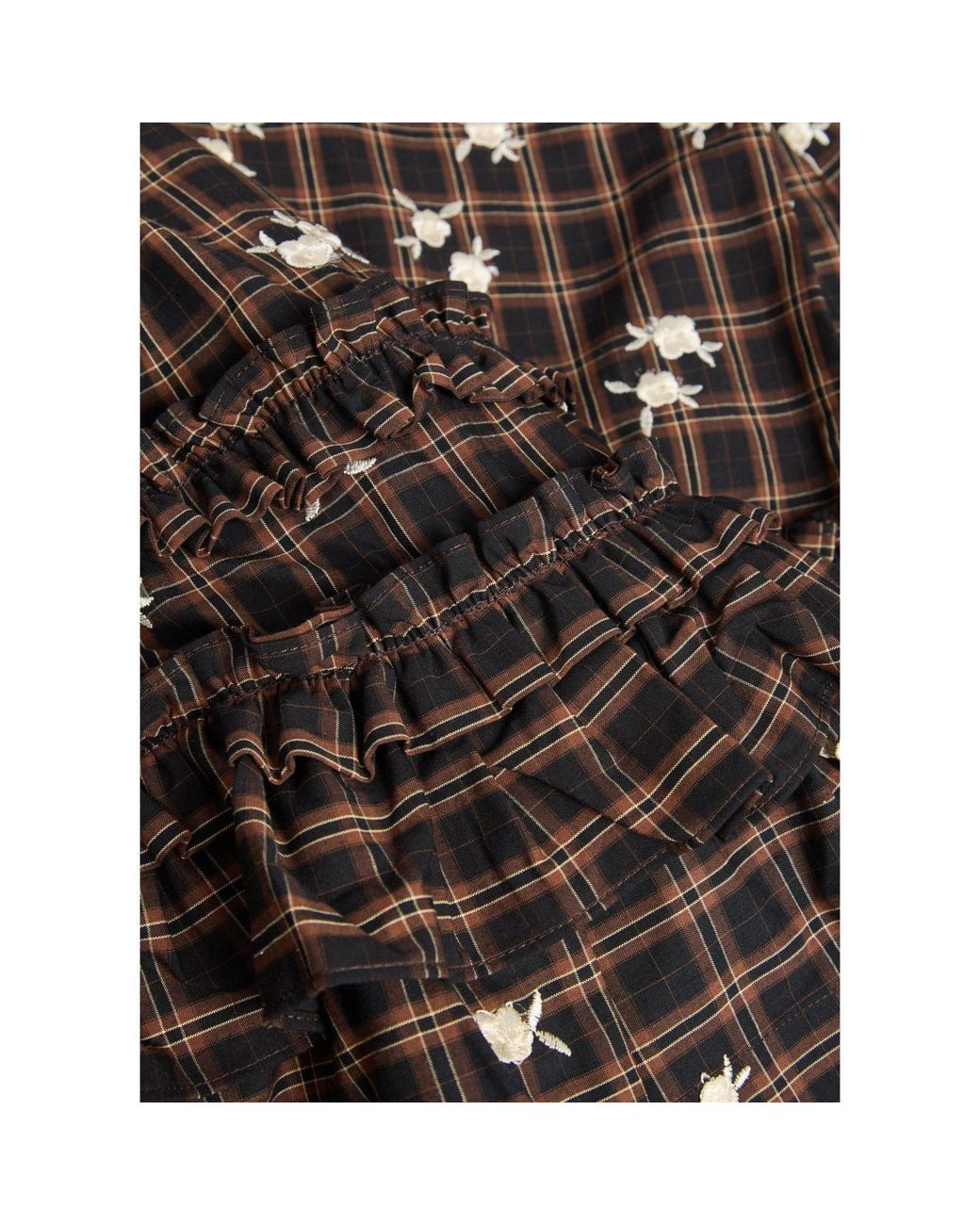Ganni Brown Plaid Floral Embroidered Dress
