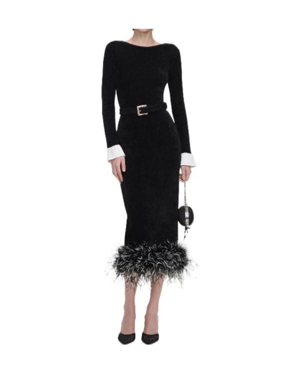 Self-Portrait Black Chenille Knit Feather Midi Dress