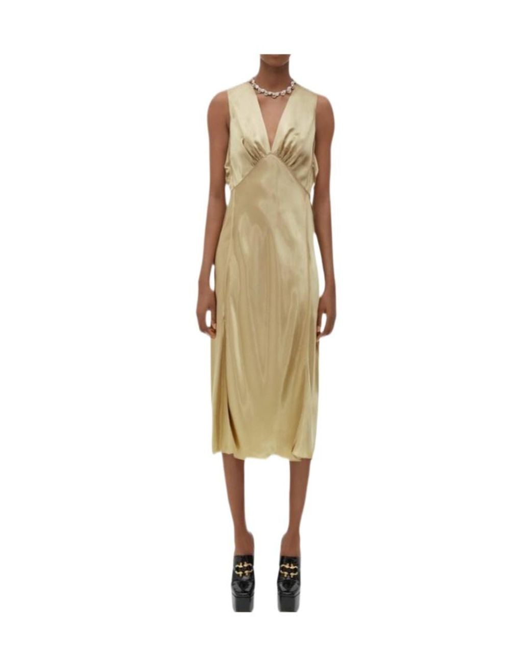 Bottega Veneta Metallic V-Neck Satin Midi Dress