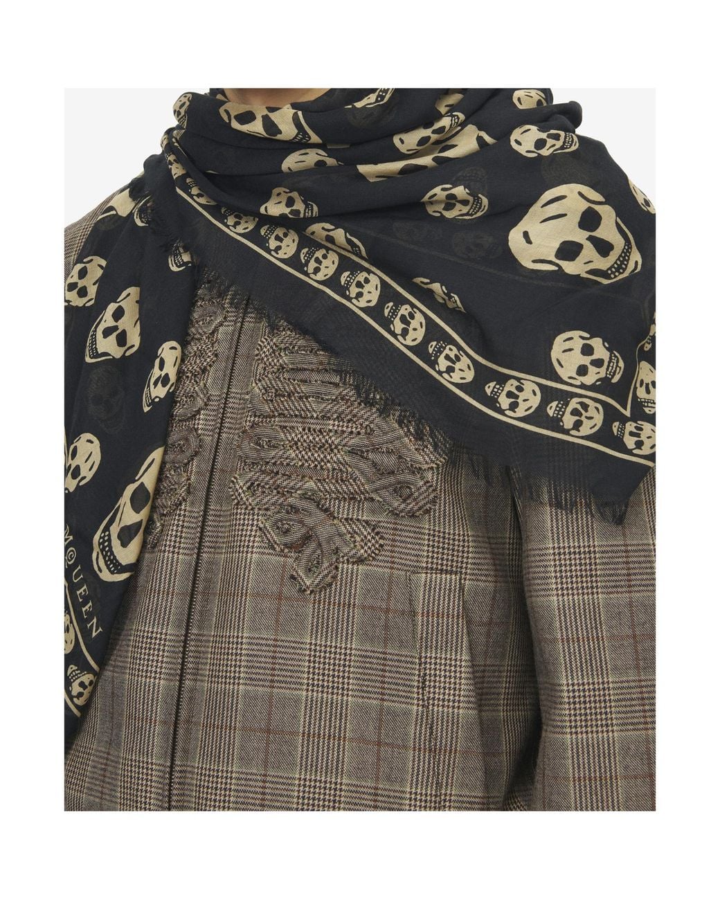 McQueen Black Skull-Print Fringed Scarf for men