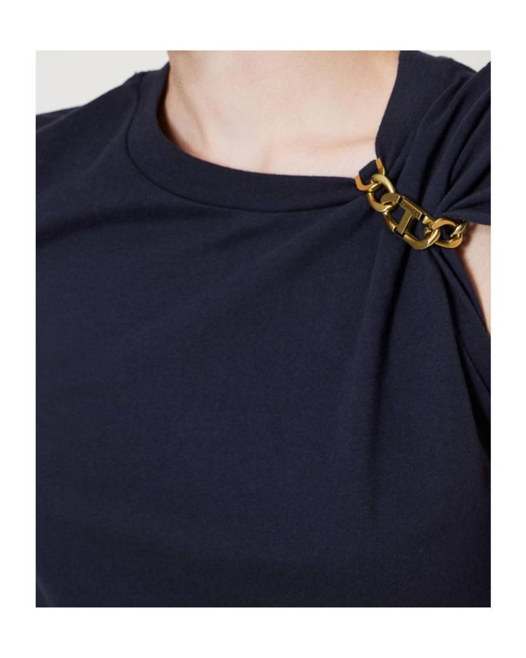 Twinset Blue One-Shoulder Logo Plaque Top