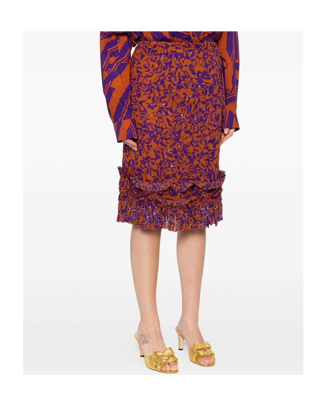 Dries Van Noten Red Printed Midi Skirt