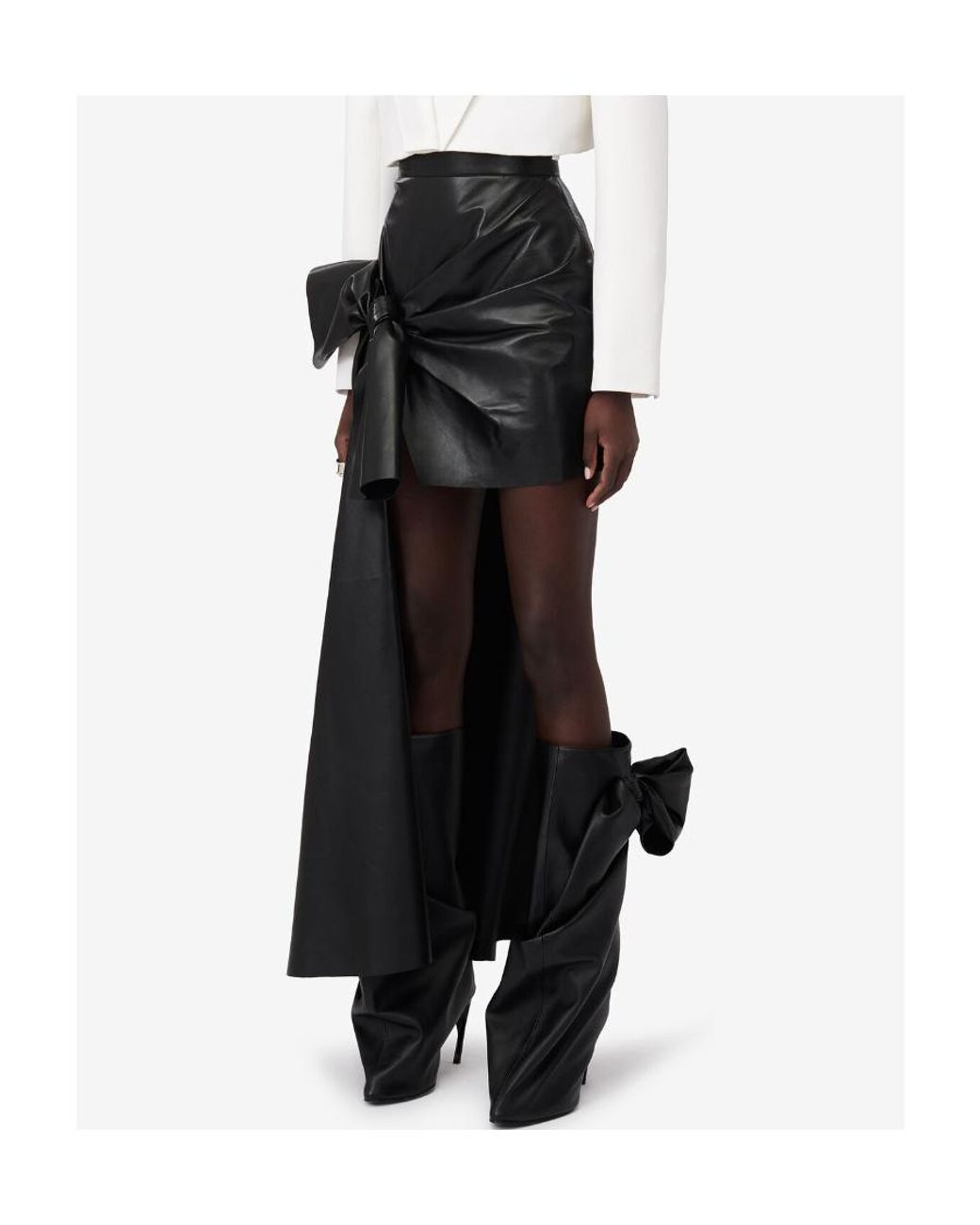 McQueen Black Knotted Drape Leather Mini Skirt