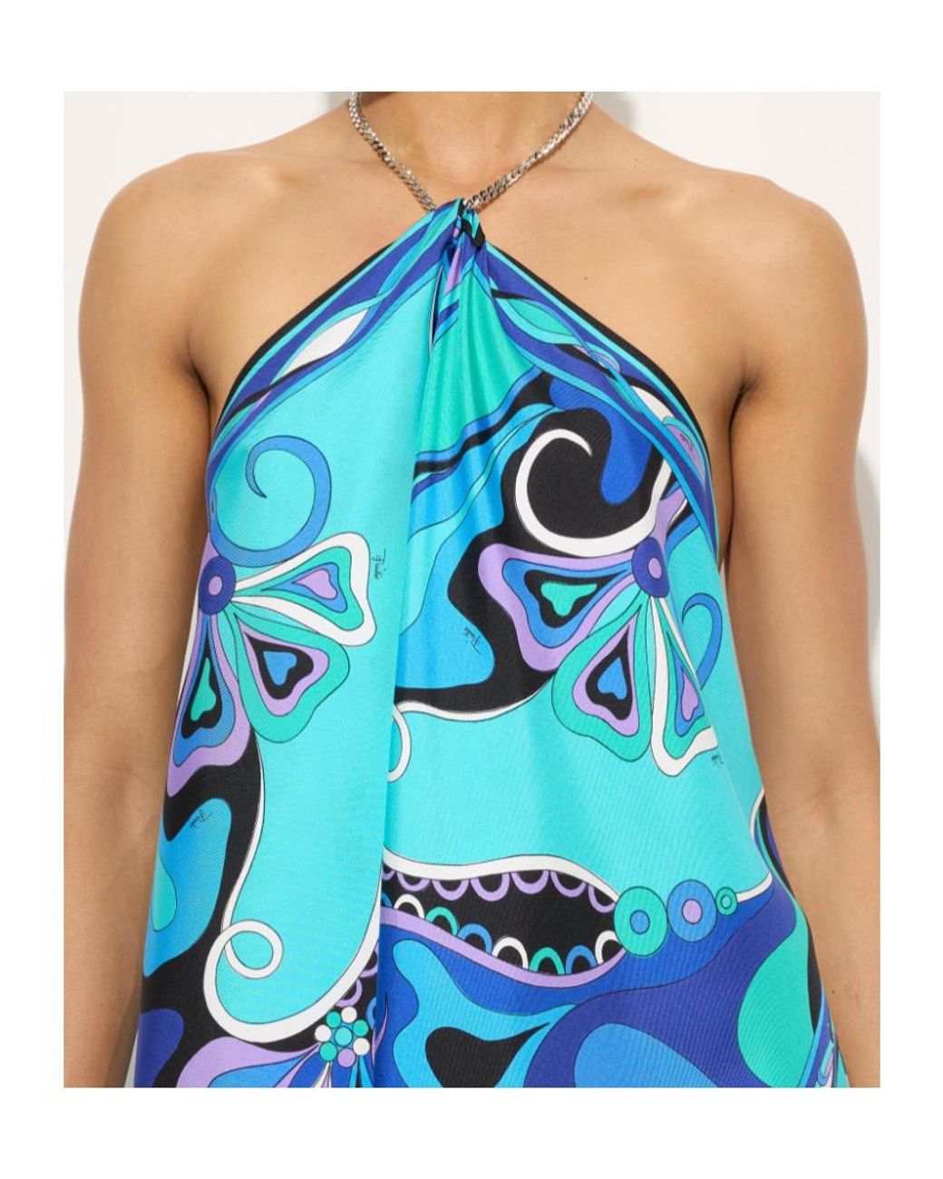 Emilio Pucci Blue Orchidee Print Asymmetric Chain Top