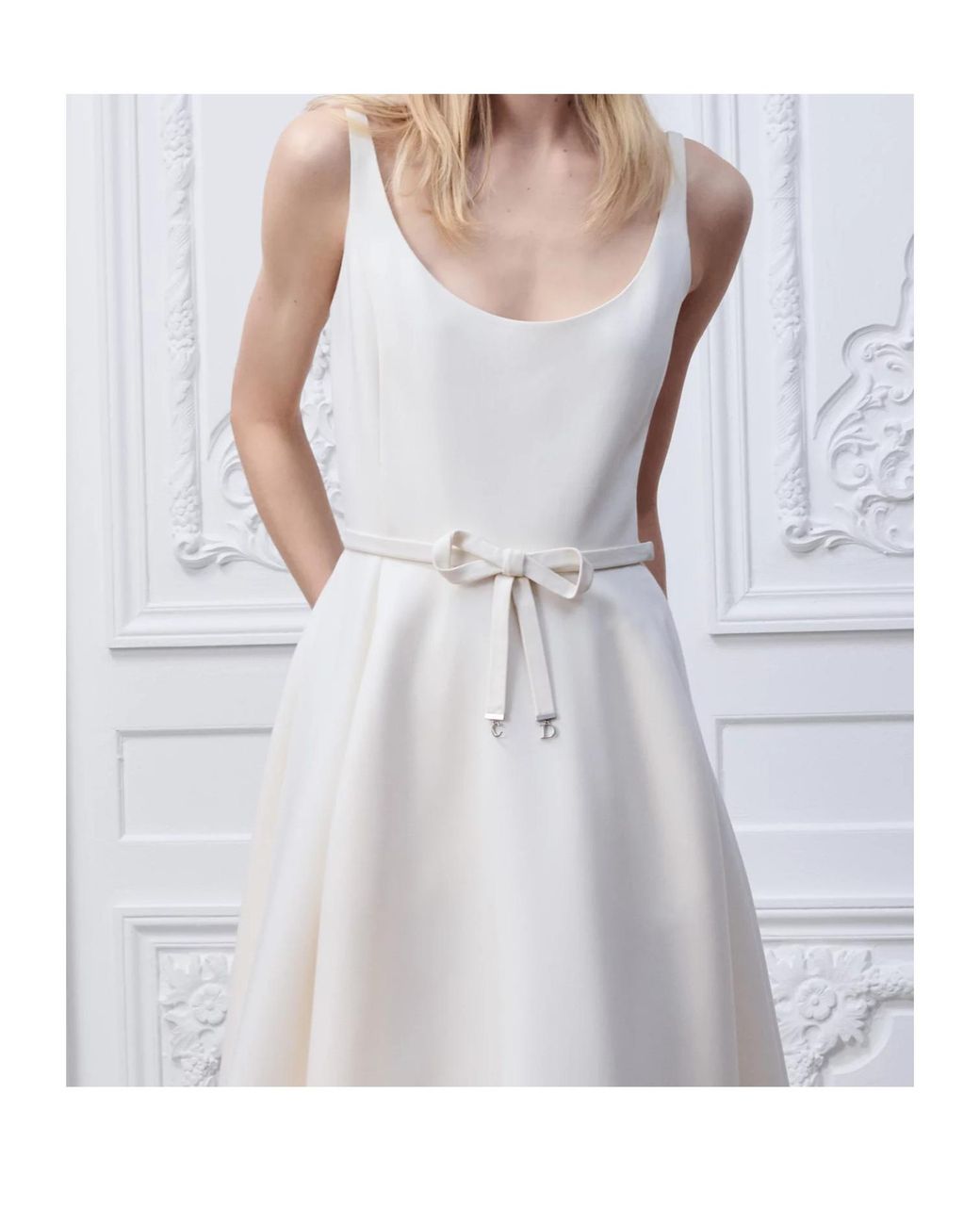 Dior White Belted Lace-Hem Dress