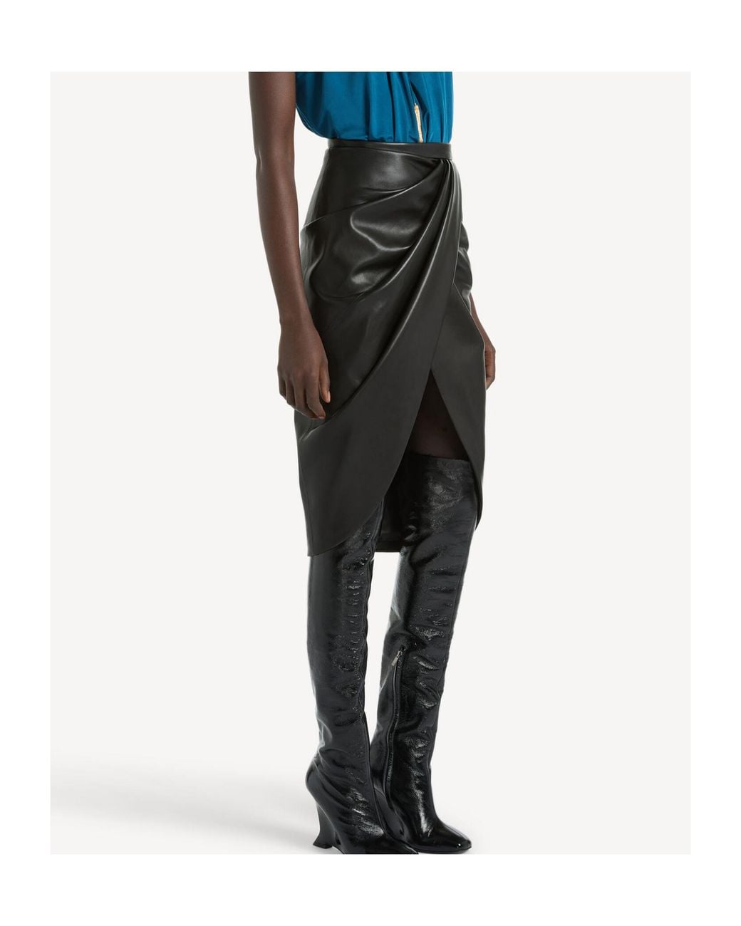 Balmain Black Lambskin Draped Midi Skirt