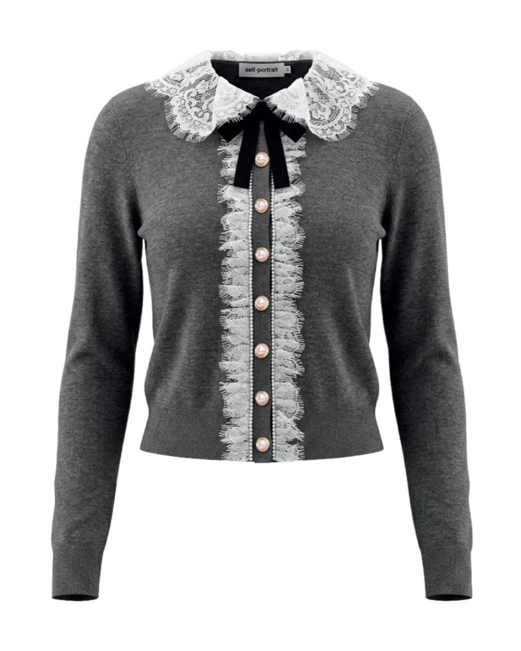 Self-Portrait Black Cardigan With Lace Collar And Bow Detail
