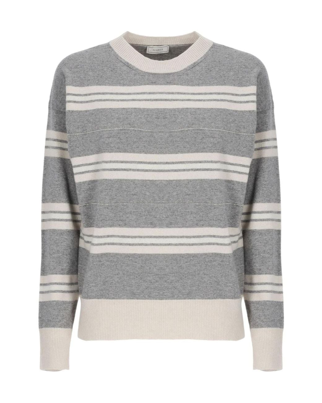 Peserico Gray Striped Crew-Neck Knitted Sweater