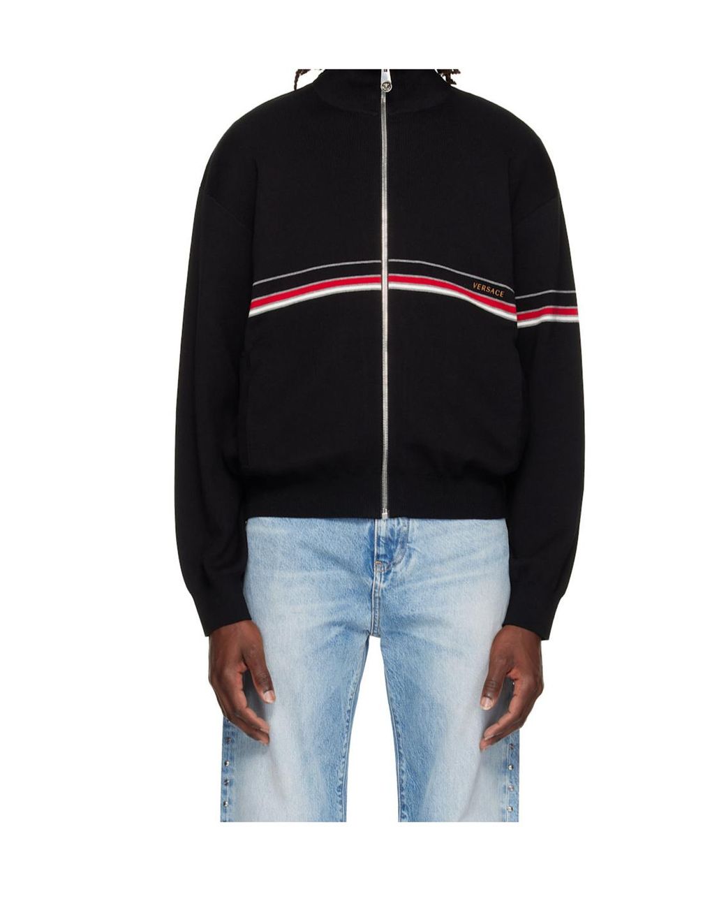 Versace Black Logo-Embroidered Turtleneck Zipped Cardigan for men