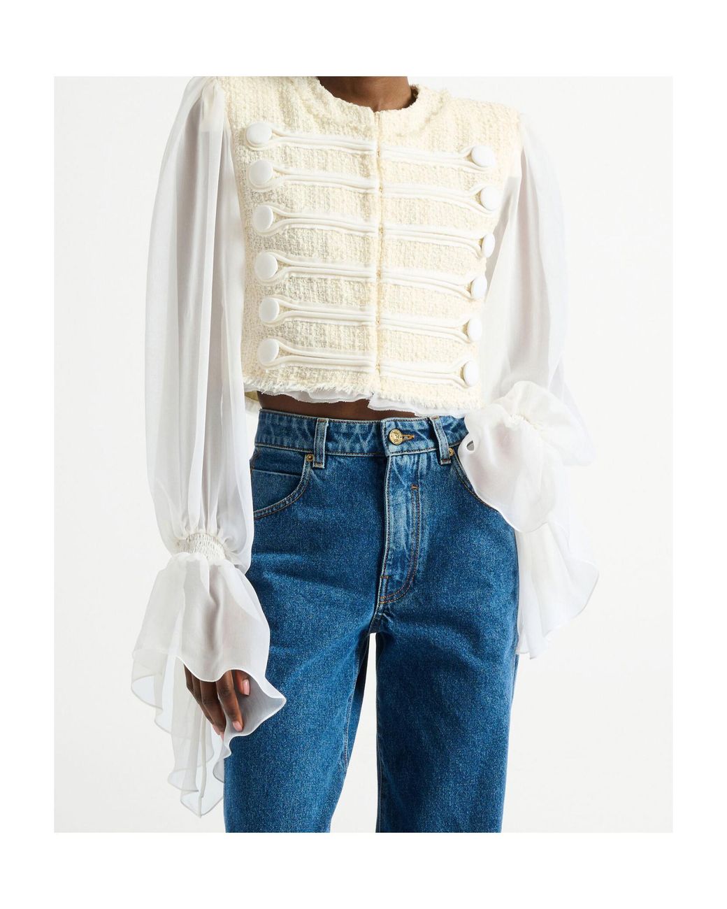 Balmain White Cropped Sheer-Sleeve Blazer