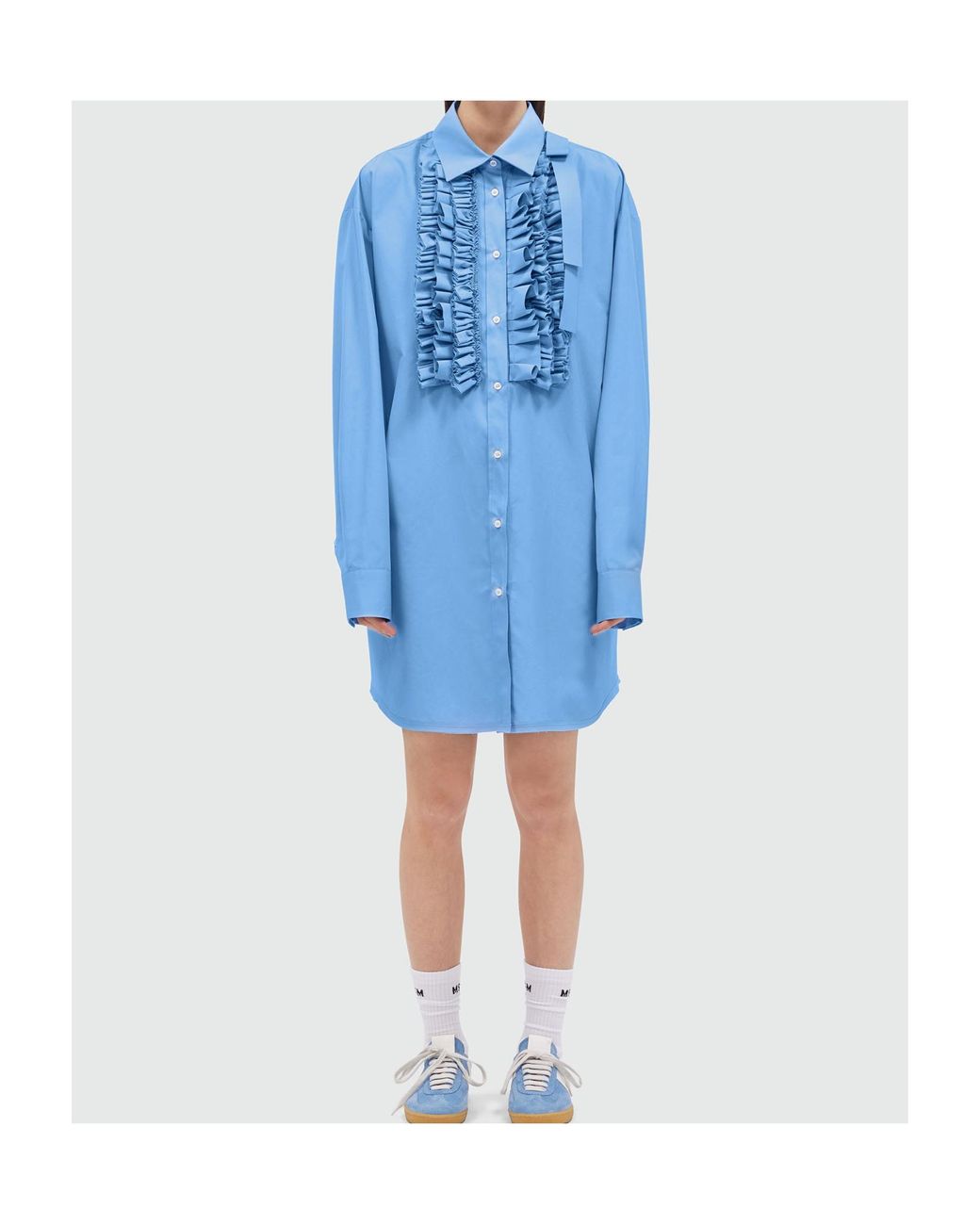 MSGM Blue Ruffled Curved Hem Mini Dress