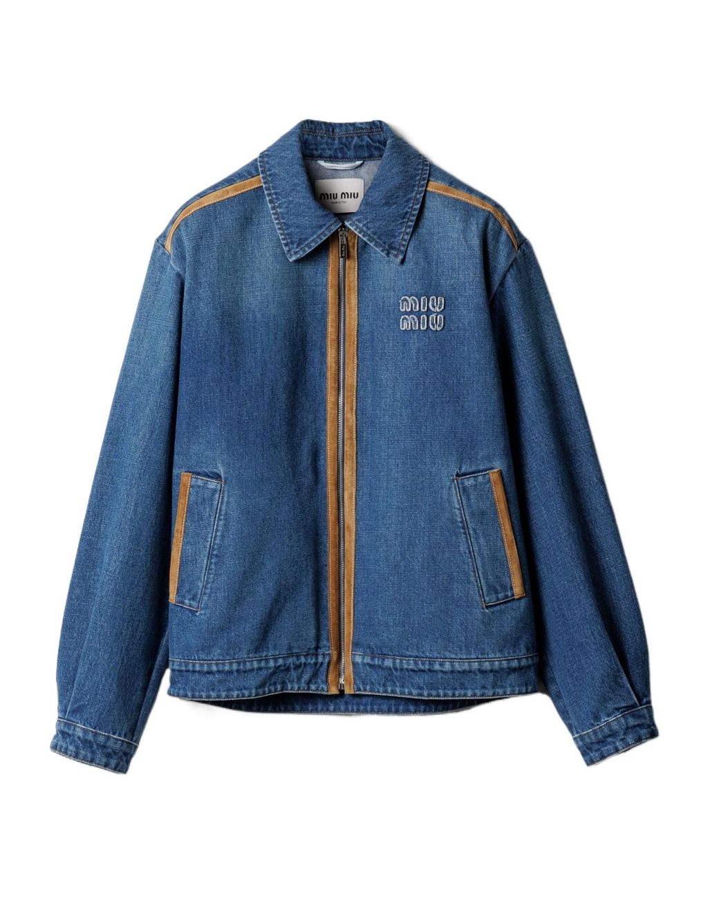 Miu Miu Blue Denim And Leather Blouson Jacket