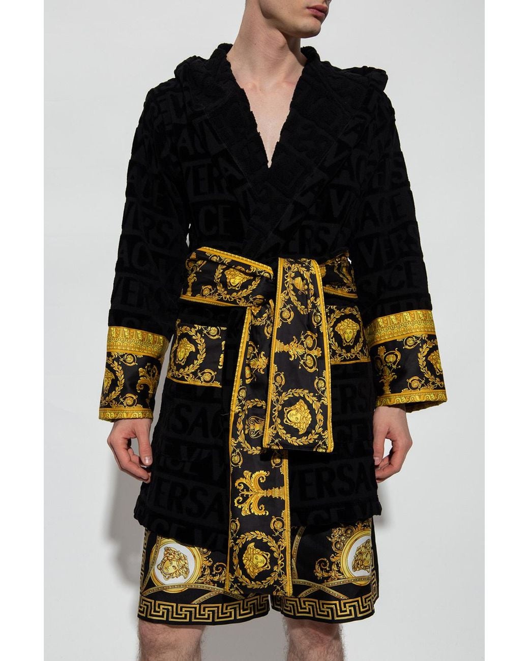 Versace Black Baroque Printed Belted Waist Robe for men