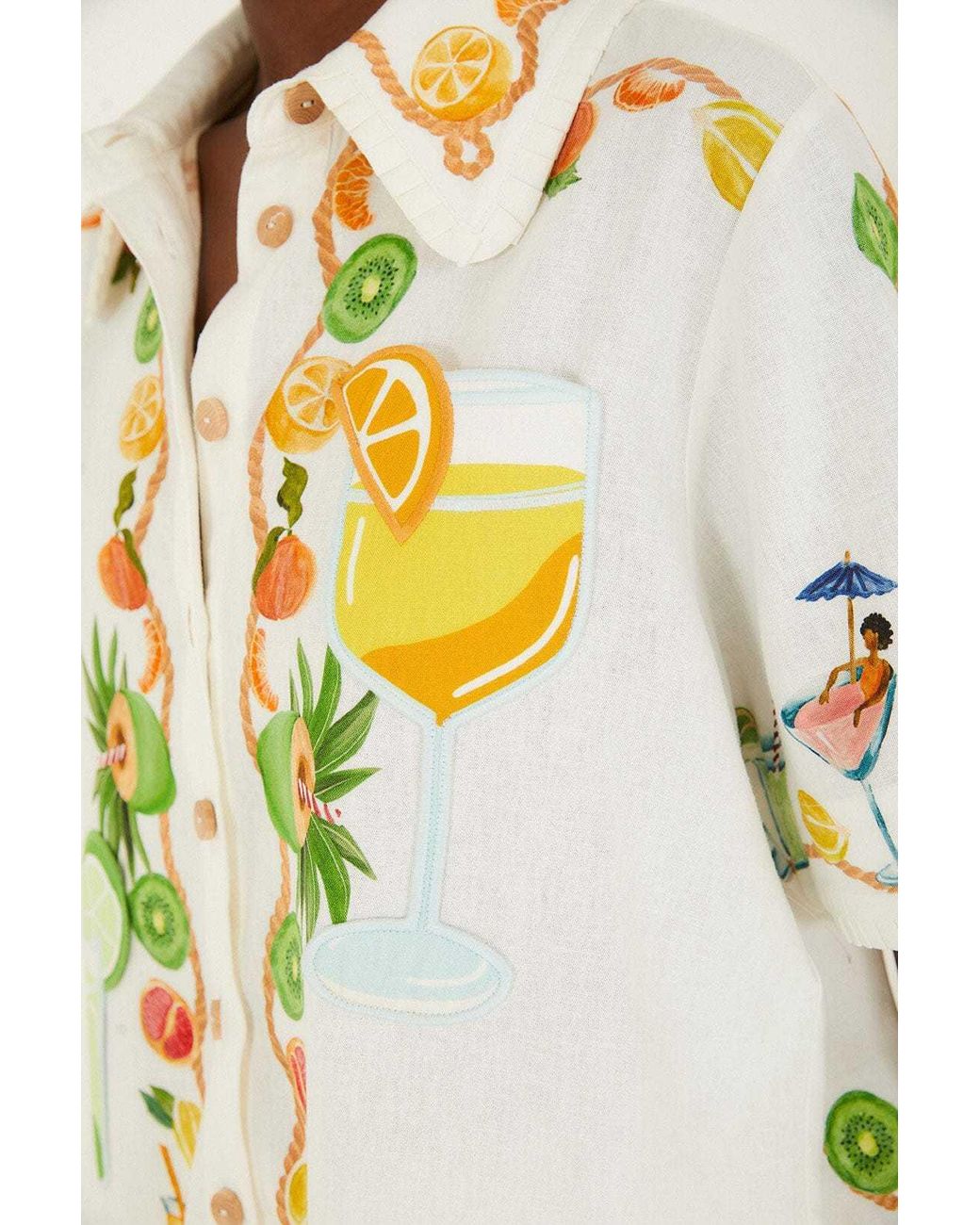Farm Rio Metallic Off- Biricutico Scarf Embroidered Short Sleeve Shirt