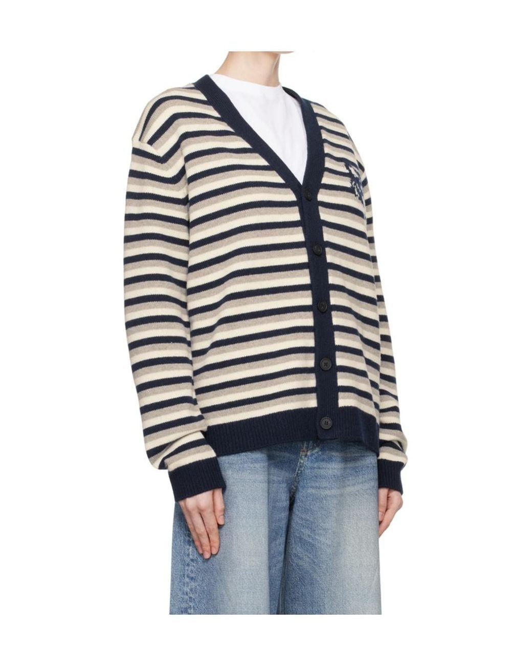 Maison Kitsuné Blue Fox Head Intarsia Striped Cardigan