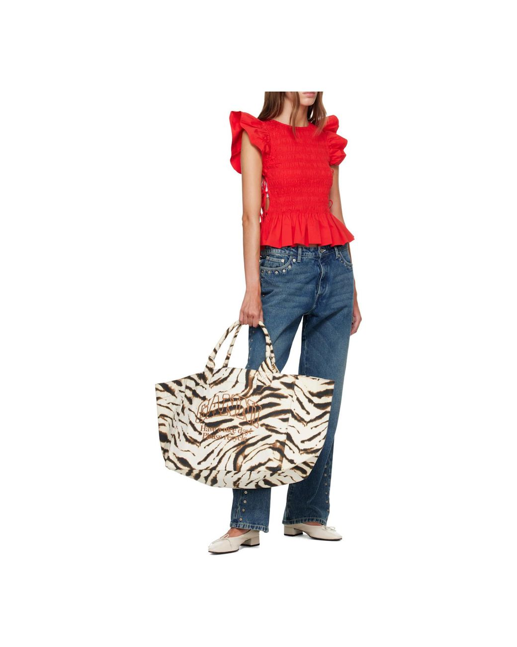 Ganni Red Smocked Peplum Tops