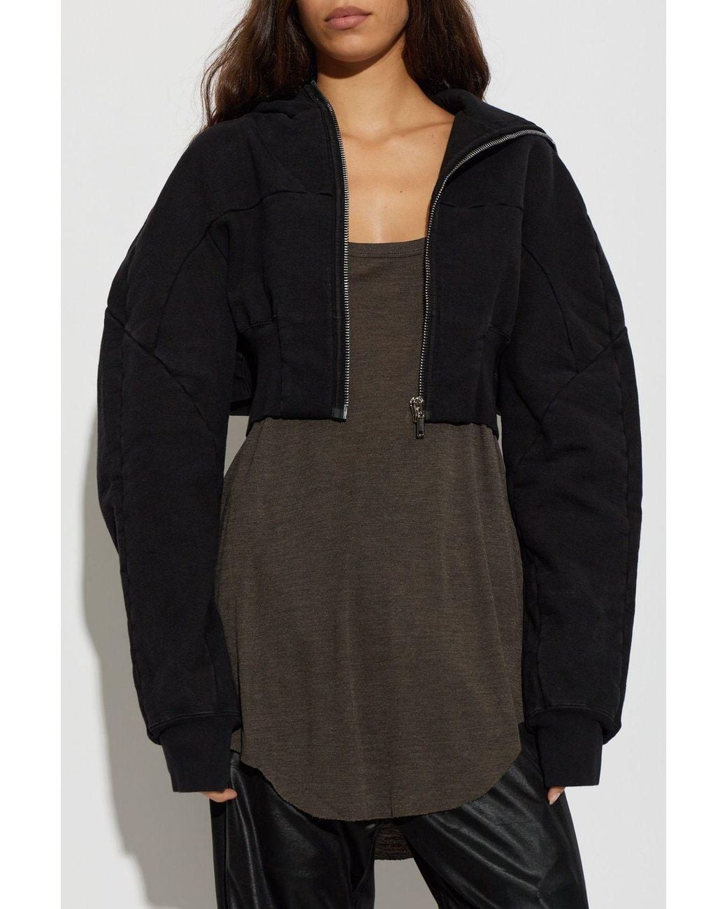Rick Owens Black Cropped Zip-Up Hoodie