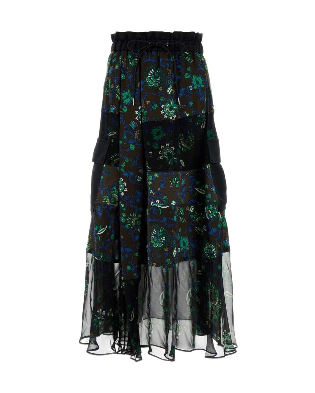 Sacai Green Tiered Floral Midi Skirt