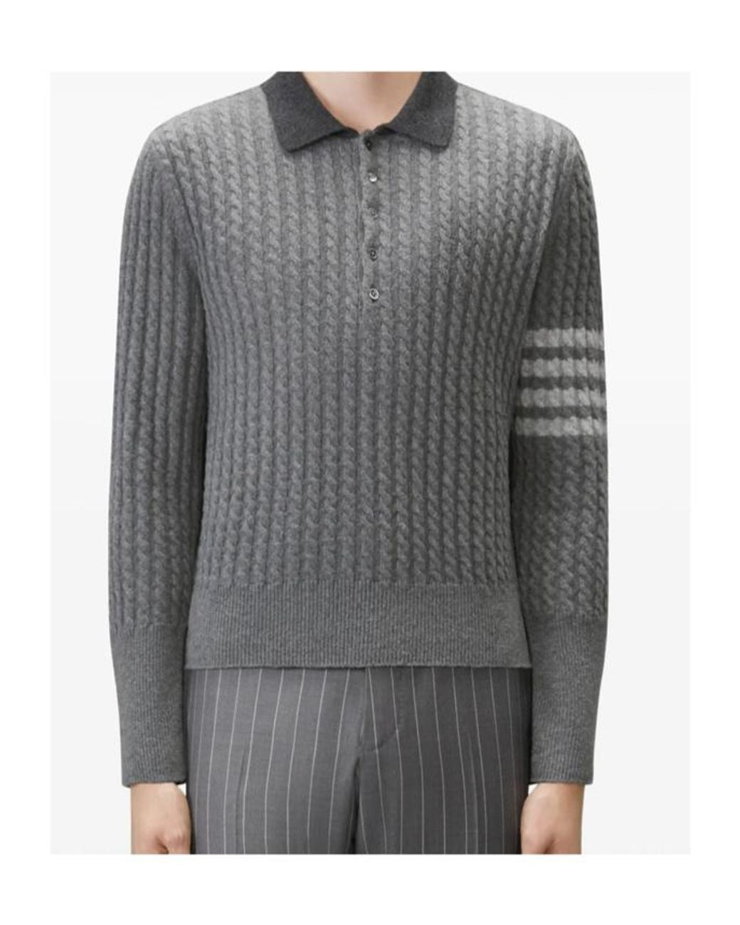 Thom Browne Gray Baby Cable Stitch 4-Bar Long Sleeve Polo Shirt for men