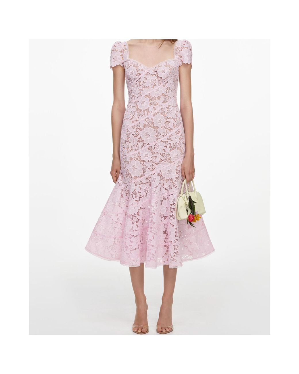 Self-Portrait Pink Floral-Lace Fluted-Hem Midi Dress