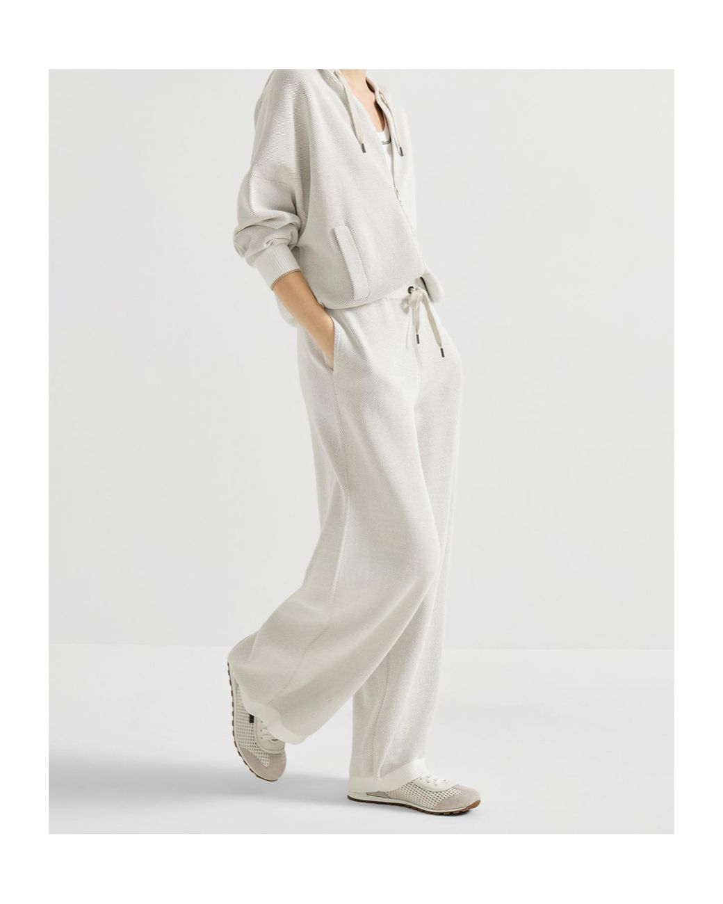 Brunello Cucinelli White Cotton Honeycomb Stitch Jacquard Knit Trousers