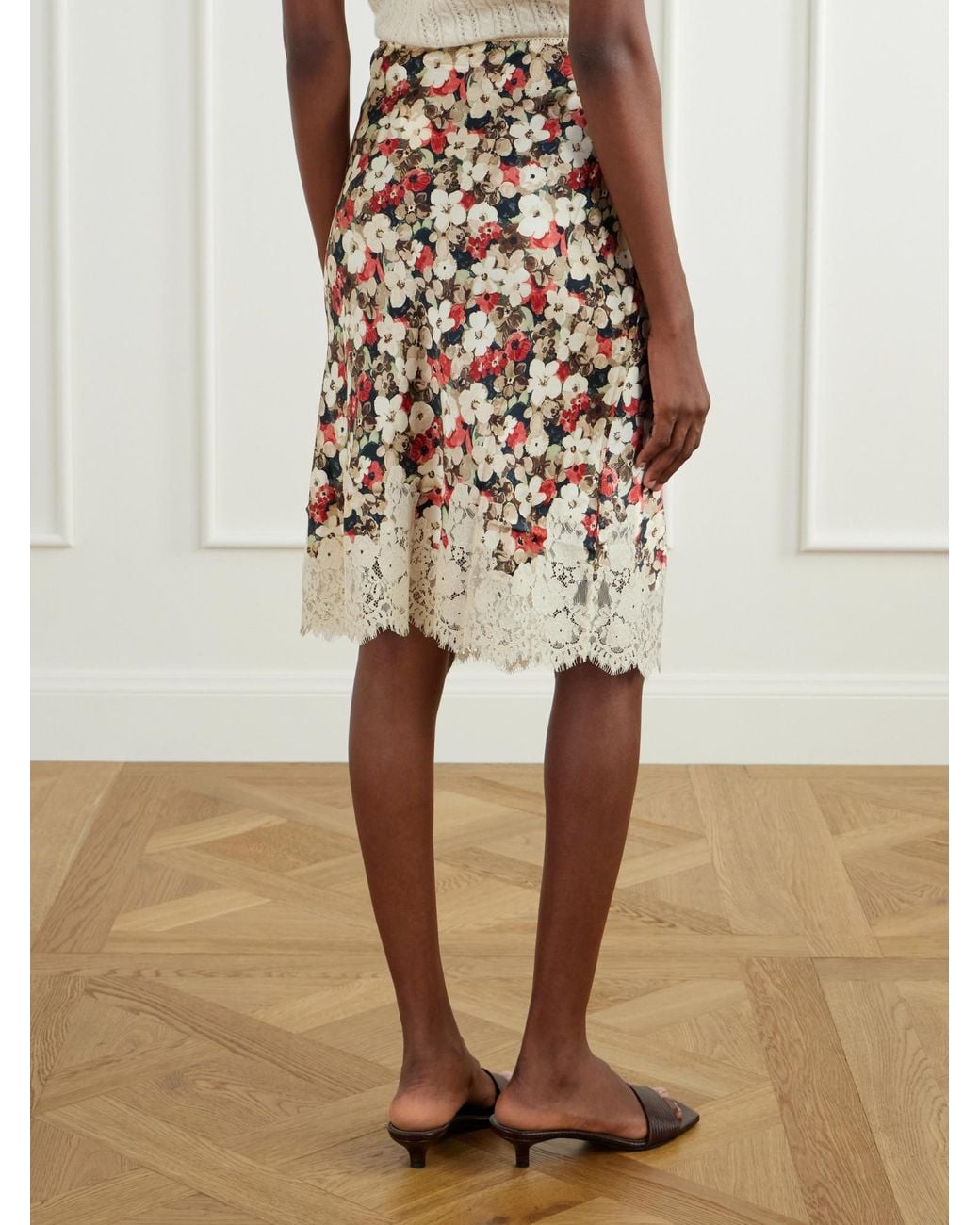 Doen White Floral-Print Lace-Trimmed Silk-Satin Midi Skirt